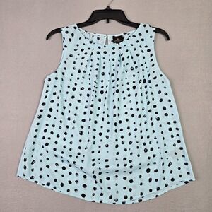 Worthington Petite Sleeveless Blouse PM Light Blue Black Polka Dot Career Top